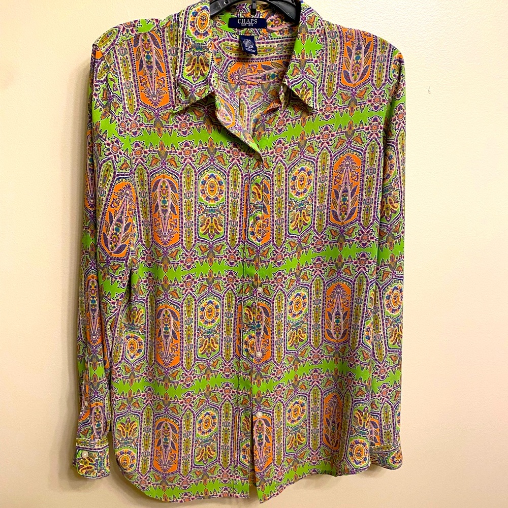 Chaps Multi Color long sleeve button down blouse.